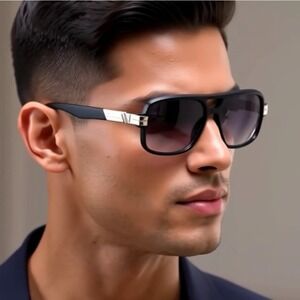 Square Aviator Sunglasses‎ Black Frame Silver Accents Fashion Shades Rap Cholo